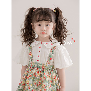 佑予女童草莓奶昔套装夏季新款童装小中童短袖衬衫印花半裙两件套