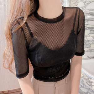 黑色网纱上衣女夏季性感透视打底衫薄纱半袖内搭纱衣镂空透明t恤