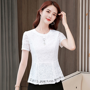 女式短袖蕾丝衫2021年新款夏季女士短袖t桖白色洋气小衫宽松上衣
