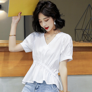 半袖体桖女2022年新款夏季白色短袖t恤女士宽松洋气v领时尚t桖衫