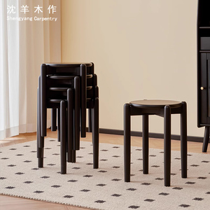 北欧实木圆凳复古餐凳黑色餐椅家用小户型中古化妆凳板凳矮凳子