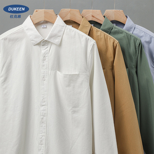 美式重磅长袖衬衫男秋季纯棉高级感休闲纯色白色翻领衬衣复古外套