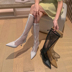镂空网靴子凉靴女真皮长靴女夏季薄款高跟细跟尖头网纱高筒靴女靴