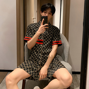 an&lv/岸绿夏款冰丝睡衣男短裤短袖夏季男士潮牌丝绸青少年男款字