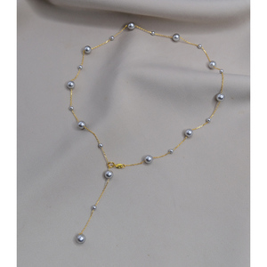 hzyeyuan手作大小灰色珍珠长项链925银可调节满天星锁骨链女10414