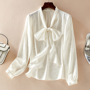 特价清仓!蝴蝶结飘带提花重磅桑蚕丝白色真丝衬衫女长袖上衣欧货