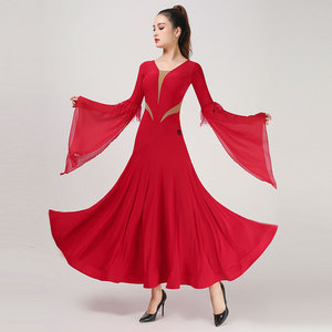 丹宝罗红色国标舞摩登舞裙连衣大摆裙品牌交谊舞演出服华尔兹舞裙
