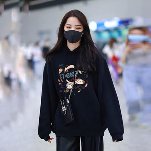 欧阳娜娜明星同款黑色卫衣女秋冬加绒宽松连帽衫外套韩系慵懒风厚