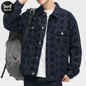 猫人黑色夹克男士休闲宽松格子上衣服春秋季潮牌新款翻领外套男装