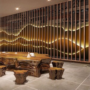 3d立体新中式风格壁纸仿发光山造型背景墙足疗养生馆饭店装饰墙纸