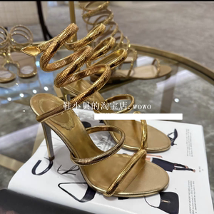 高级感~金色金属蛇形缠绕细跟高跟鞋2023新款法式一字带罗马凉鞋