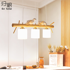 日式原木实木创意玻璃小鸟餐厅吊灯三头简约现代餐桌led北欧灯具