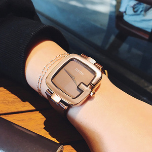 香港专柜女表品牌个性方形潮流时尚玫瑰金气质女士咖啡皮带手表