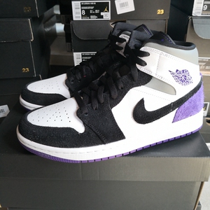 air jordan 1 aj1 mid男子中帮黑白紫脚趾麂皮篮球鞋 852542-105