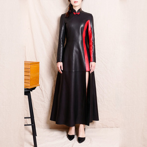 革氏高端精致手工盘扣改良真皮旗袍连衣裙长袖绵羊皮女外套皮衣