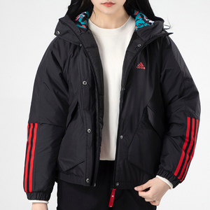 阿迪达斯红色拼接棉衣女2021春季新年款工装服连帽外套棉服gn7376