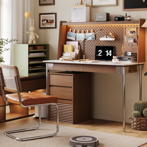 日式洞洞板书桌岩板小户型1米工作台网红实木复古电脑桌书架一体