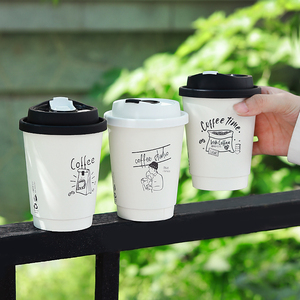 一次性咖啡杯12盎司加厚隔热白色双层中空纸杯子隔热商用定制logo