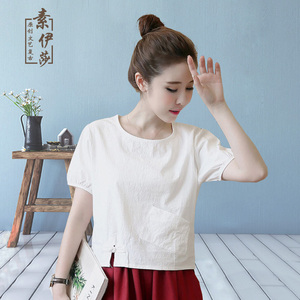 复古文艺亚麻棉麻上衣女装夏季宽松显瘦大码半袖纯色百搭短袖t恤