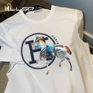 欧洲站短袖t恤男战马字母轻奢欧货轻奢洋气时尚丝光棉白色半袖潮