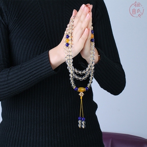 天然白水晶念珠108颗佛珠男女情侣款多圈手链手串项链脖挂饰品