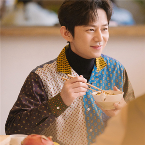 朋友请听好2何炅同款拼接撞色复古花纹时尚长袖衬衫宽松开衫男女