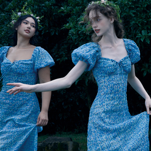 LaceMade 孔雀森林 经典法式复古浪漫泡泡袖一字领重工印花连衣裙