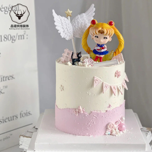 q版月亮美少女战士生日蛋糕装饰摆件儿童卡通月野兔黑猫烘焙插件