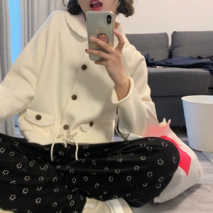 poanpan 原创设计糯米团子纯色长袖娃娃领手工花边毛衣开衫外套