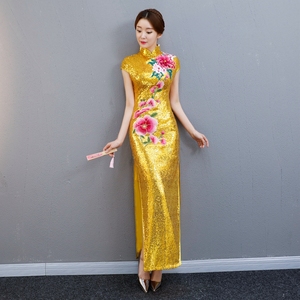 金色亮片旗袍长款演出服舞台走秀队服时尚改良版修身礼服2022新款