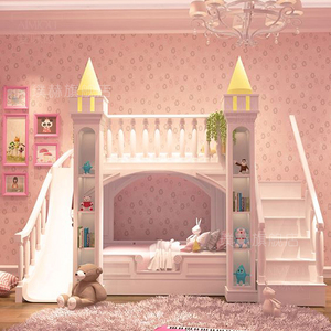 滑滑梯床儿童床双层 公主上下城堡床 女孩 粉色滑梯 多功能 实木