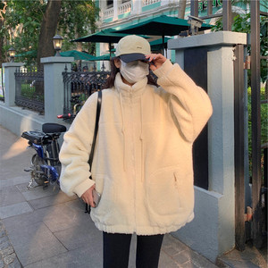 白色羊羔毛棉服女冬加厚2021年新款设计感小众日系立领摇粒绒外套