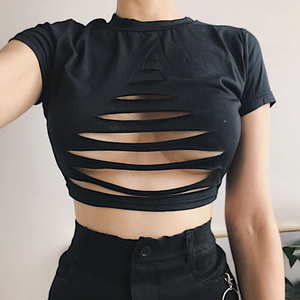 zz骨zz 性感短款露脐胸前破洞露腰打底t恤短袖上衣