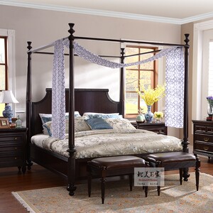 美式轻奢实木床曼后现代北美四柱床1.8米主卧蚊帐架婚床老人双人