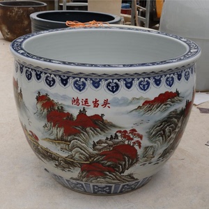 鸿运当头陶瓷鱼缸景德镇手绘青花山水缸别墅庭院招财乔迁送礼大缸