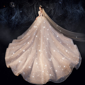 婚纱2019新款新娘礼服森系超仙梦幻网红抖音公主一字肩重工奢