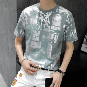 夏季新款潮牌bt短袖t恤男士胶印彩色字母青年圆领基础半袖上衣服
