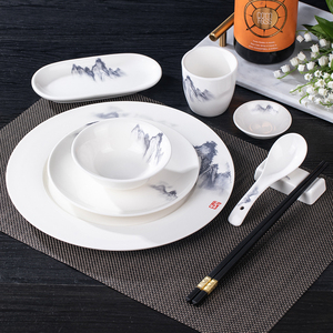 新中式饭店餐具陶瓷摆台中国风山水画四件套套餐骨碟翅碗汤勺茶杯