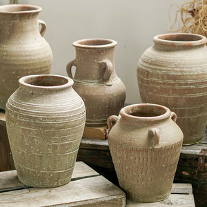 复古土陶花瓶做旧双耳陶瓷土罐手工制作粗陶花器摆件客厅家居饰品