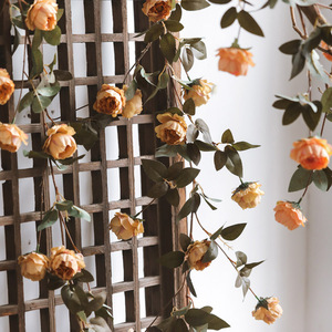秋色牡丹绿叶藤条装饰美式复古仿真花挂墙造景客厅空调缠绕假花