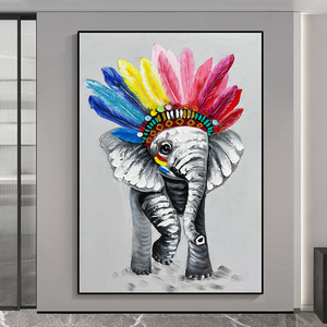 手绘油画羽毛大象玄关挂画客厅背景墙装饰画动物儿童房壁画轻奢