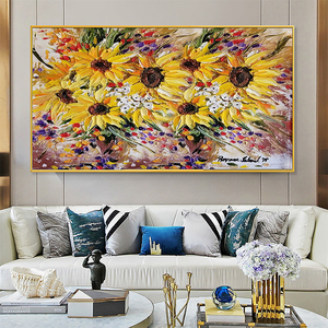 手绘油画横幅梵高向日葵花客厅沙发背景墙装饰画立体轻奢餐厅挂画