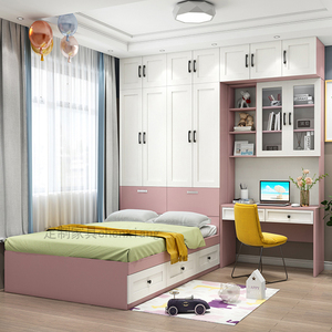 衣柜床一体带书桌书架组合榻榻米小户型次卧1.2米1.5靠飘窗儿童房