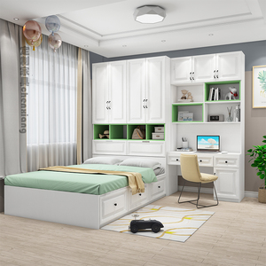 榻榻米床衣柜一体现代简约儿童房多功能连书桌书柜整体收纳柜组合