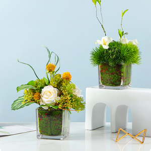 高档仿真花假花客厅摆设方缸玻璃小插花餐桌花艺摆件会议桌面装饰
