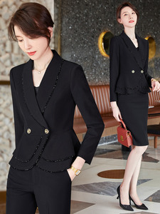职业西装套装女2024春秋黑色韩版洋气双层设计感显瘦女裙两件套