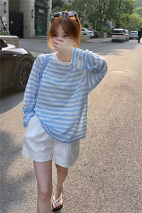 长袖t恤女薄款防晒罩衫夏季2024新款韩版宽松气质小个子条纹上衣