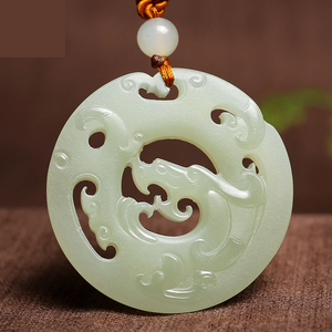 和田玉镂空吊坠双面雕刻生肖龙玉坠平安扣龙牌浅青玉男女款玉佩