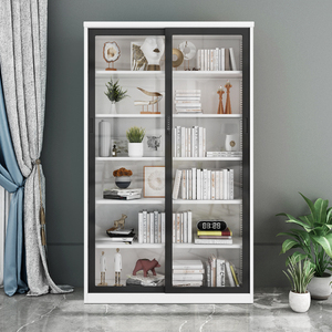 家用轻奢移门书柜推拉玻璃门展示柜铁艺儿童书架落地收纳柜子带锁