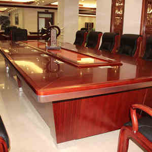 大型油漆会议桌 实木皮会议台 6米8米泰柚木色会议室接待台带线盒